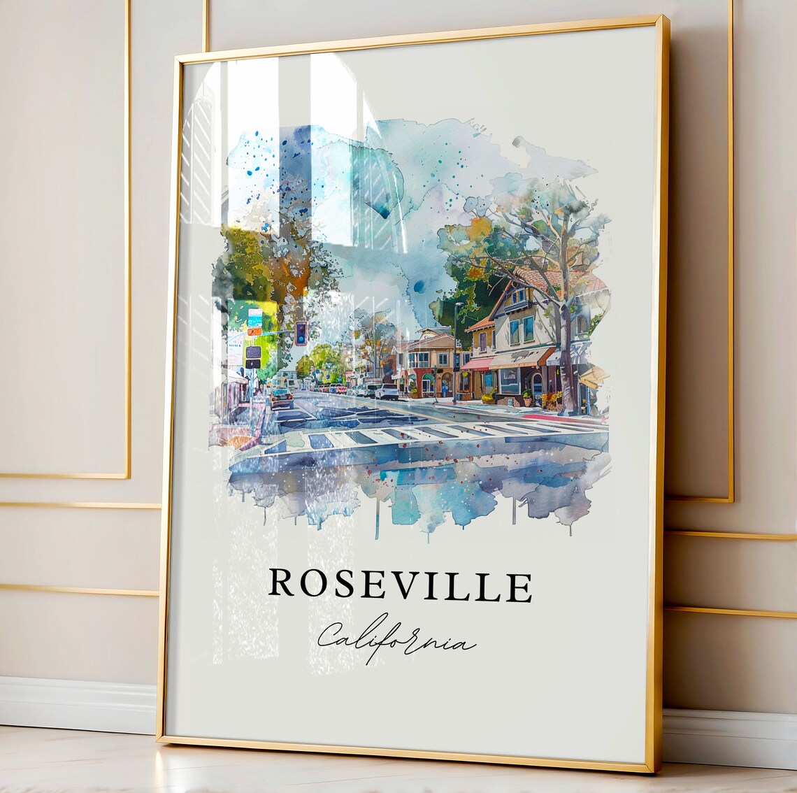 Roseville California Downtown Street Watercolor Travel Art Poster - Image 3