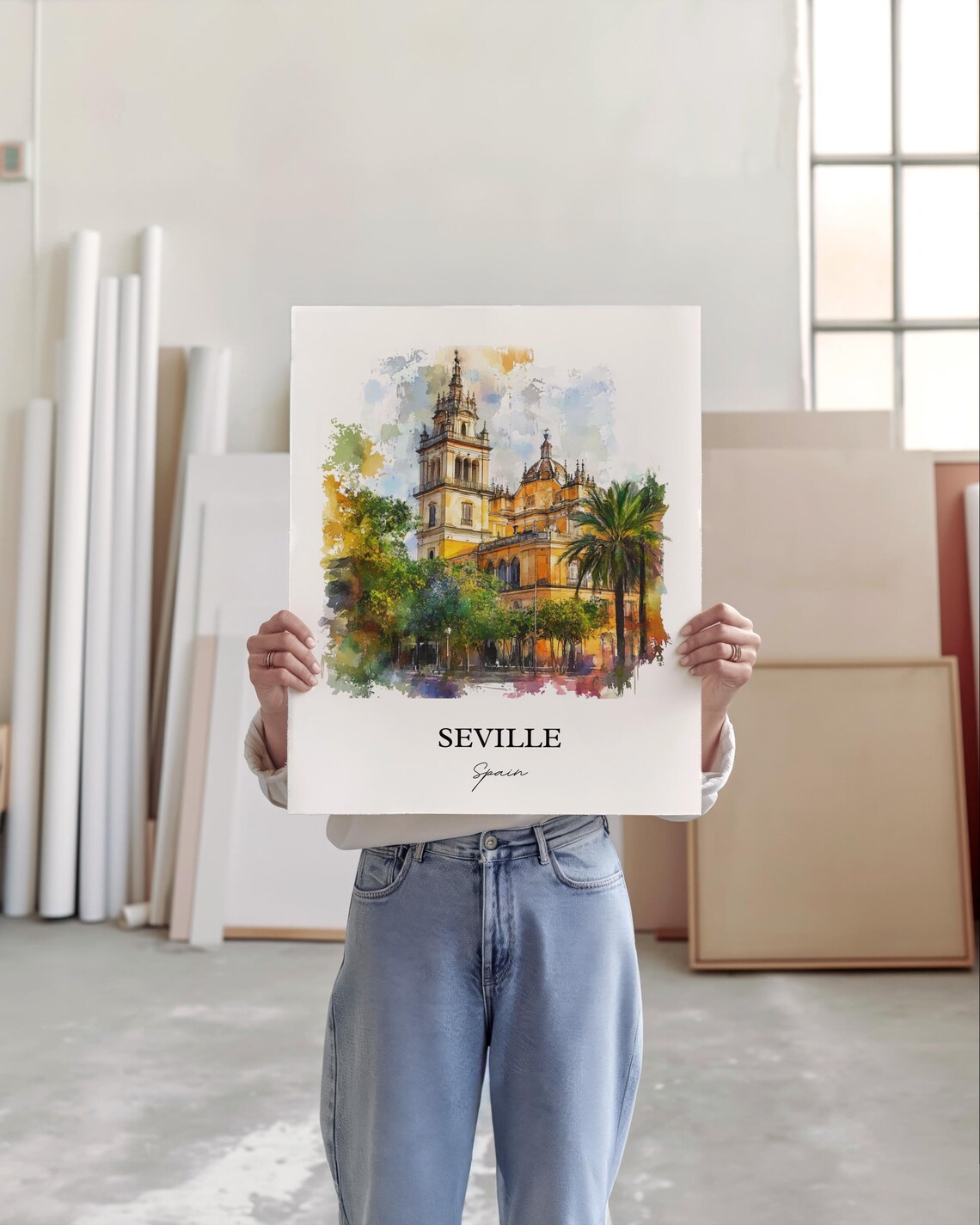 Seville Spain Cathedral Palms Square Watercolor Travel Poster - Image 4
