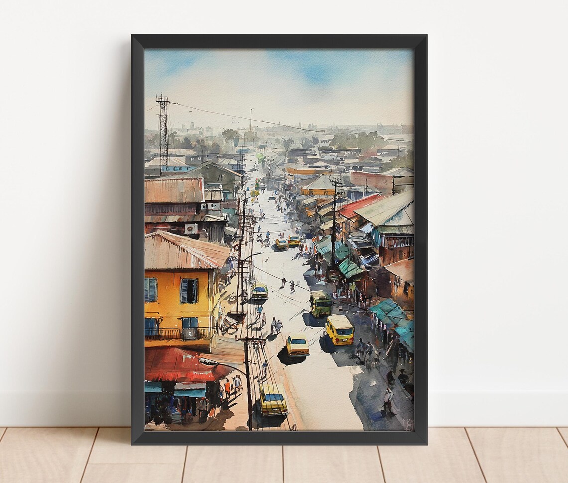 Bustling City Street Watercolor Cityscape Art Poster Urban Scene