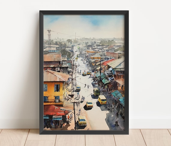 Bustling City Street Watercolor Cityscape Art Poster Urban Scene
