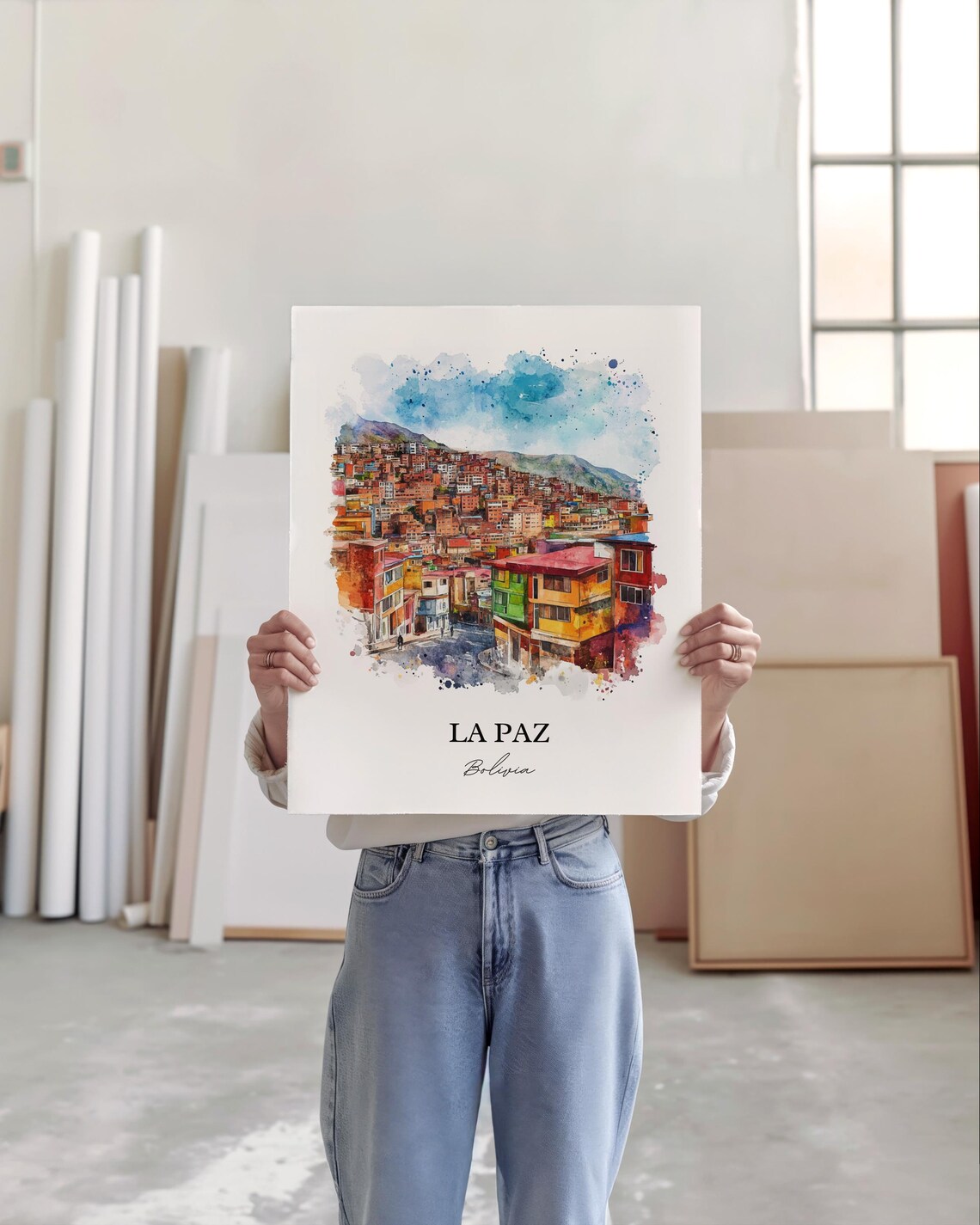 La Paz Bolivia Hillside Colorful Houses Watercolor Travel Art Poster - Image 2