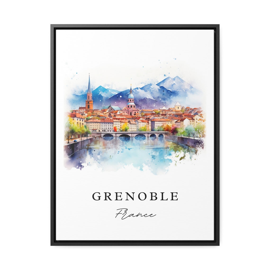 Grenoble France Alpine Mountain Cityscape Watercolor River Poster - Image 2