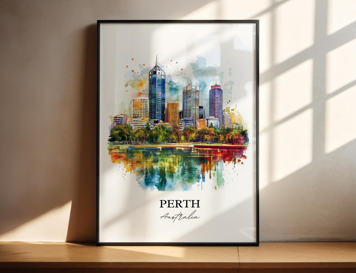 Perth Australia Skyline River Reflection Watercolor Splash Art Poster