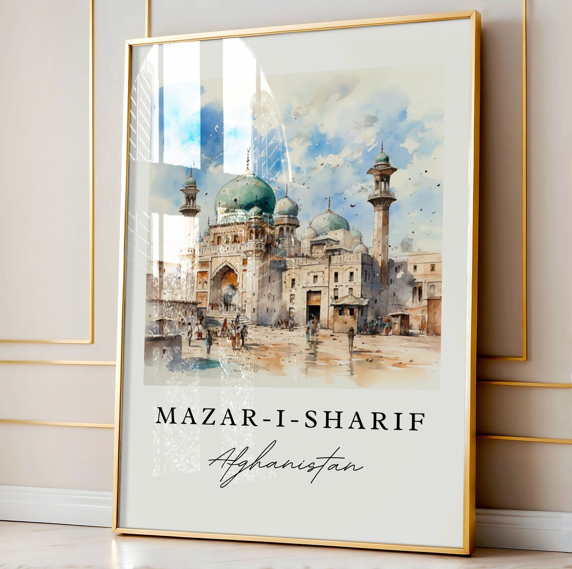 Mazar I Sharif Afghanistan Watercolor Blue Mosque Domes Minarets Poster - Image 4