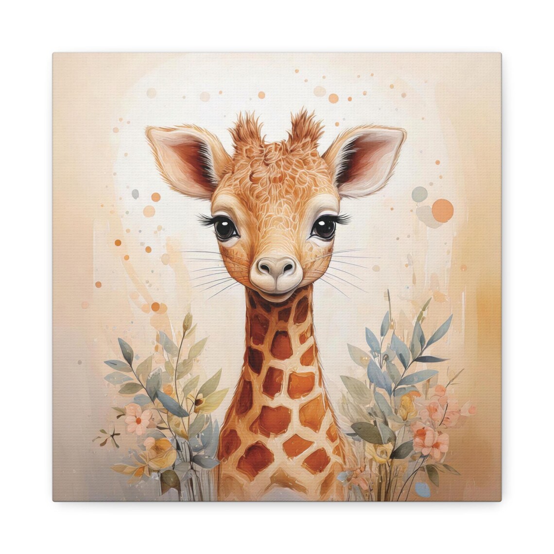 Baby Giraffe Pastel Watercolor Nursery Portrait with Soft Florals Poster