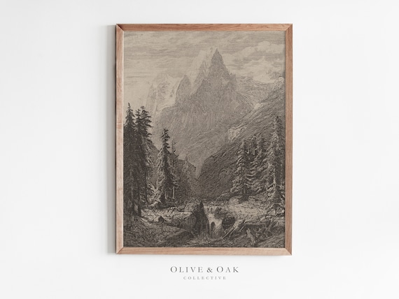 Rustic Mountain Landscape Sketch, Vintage Nature Art Print