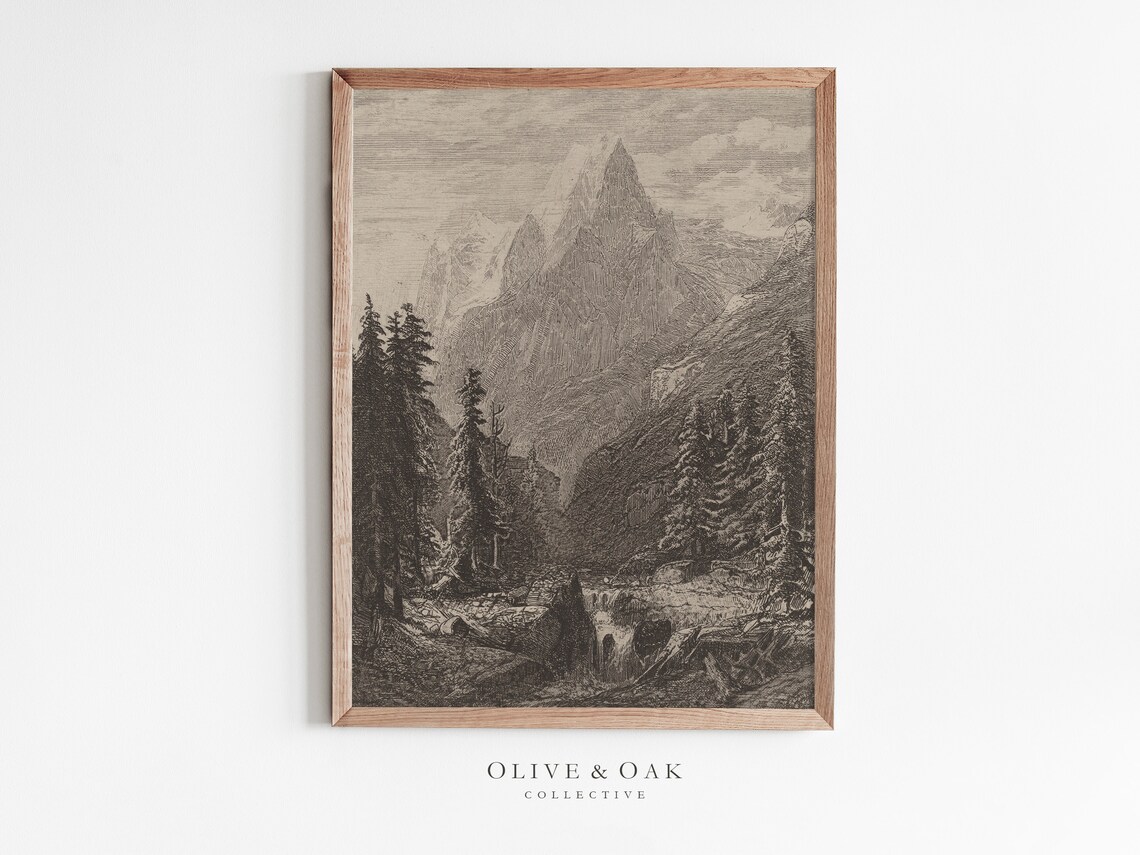 Rustic Mountain Landscape Sketch, Vintage Nature Art Print