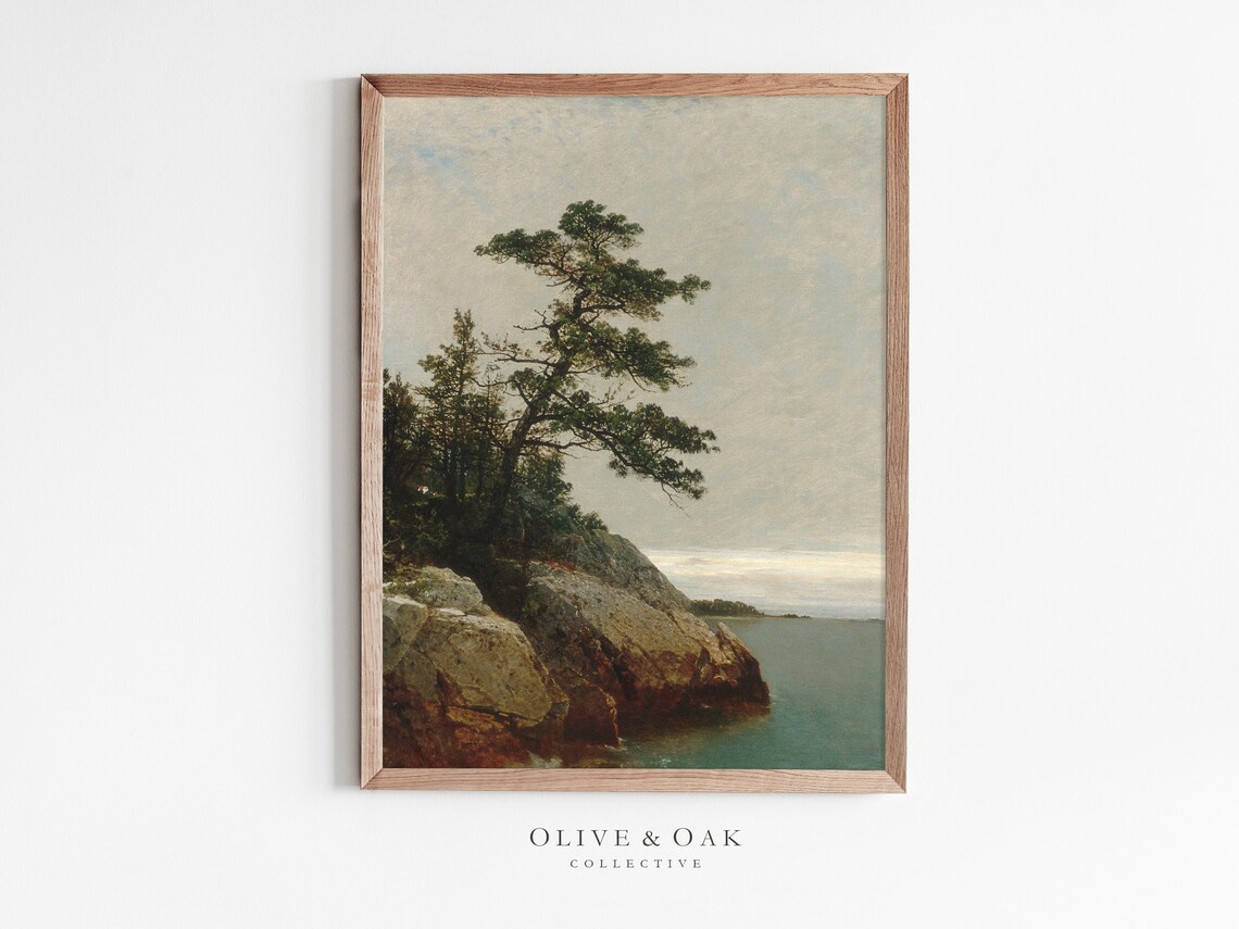 Coastal Landscape Painting, Vintage Pine Tree Art Print