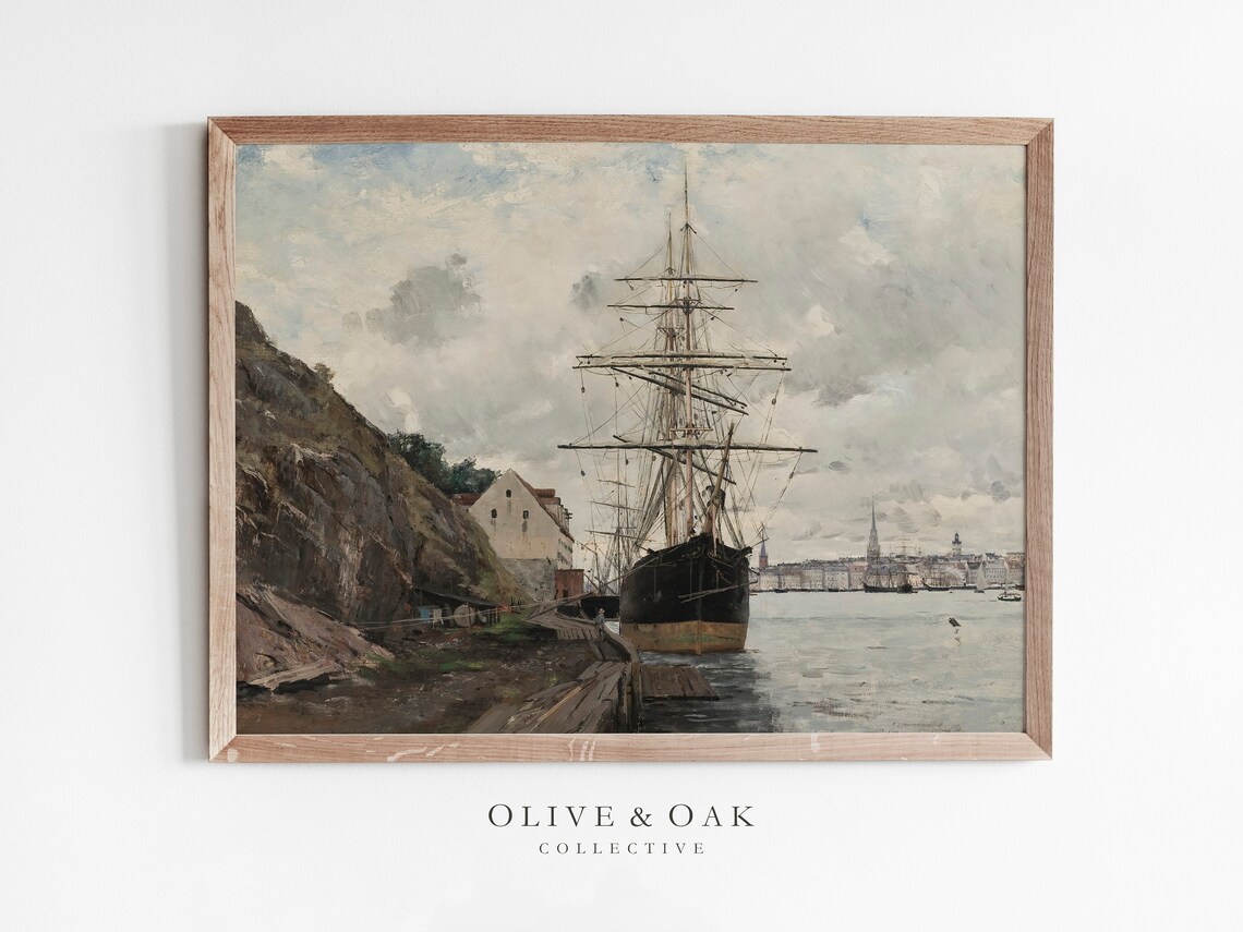 Vintage Nautical Ship Harbor Seascape Art Print
