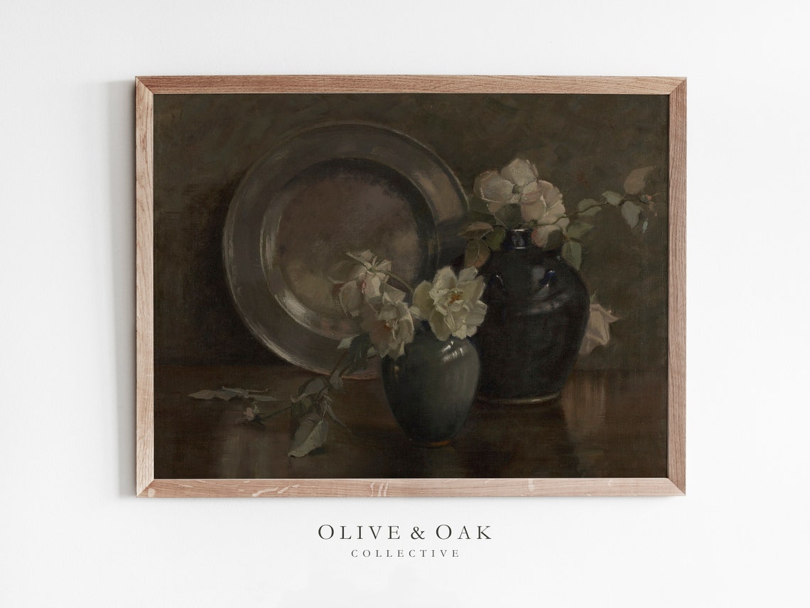 Vintage Neutral Flower Oil Painting, Floral Still Life Art Print