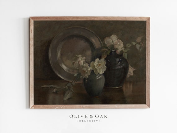 Vintage Neutral Flower Oil Painting, Floral Still Life Art Print