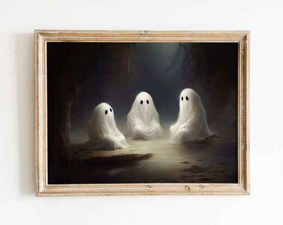 Cute Three Ghosts in Dark Forest Spooky Halloween Night Poster