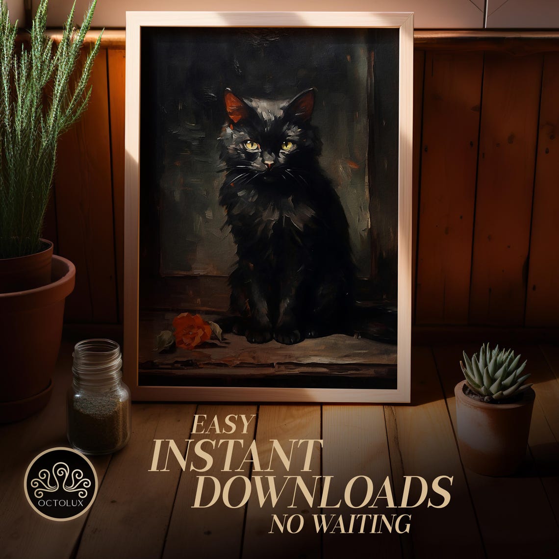 Black Cat Yellow Eyes Moody Oil Painting Dark Spooky Kitty Wall Art - Image 3