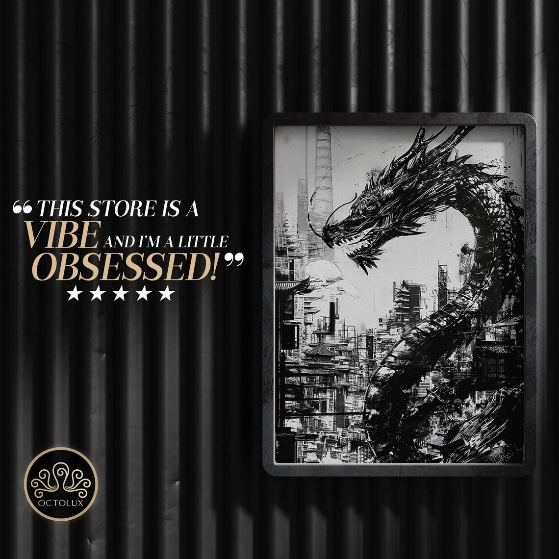 Black Ink Dragon Asian Cityscape Monochrome Art Lunar New Year Poster - Image 3