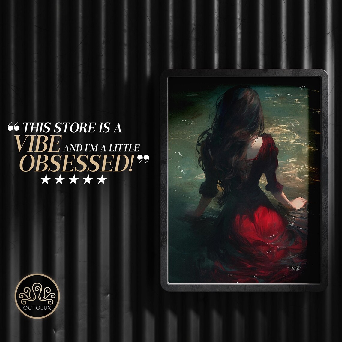 Woman Of The Lake Dark Gothic Red Dress Moonlit Water Dark Academia Wall Art - Image 3