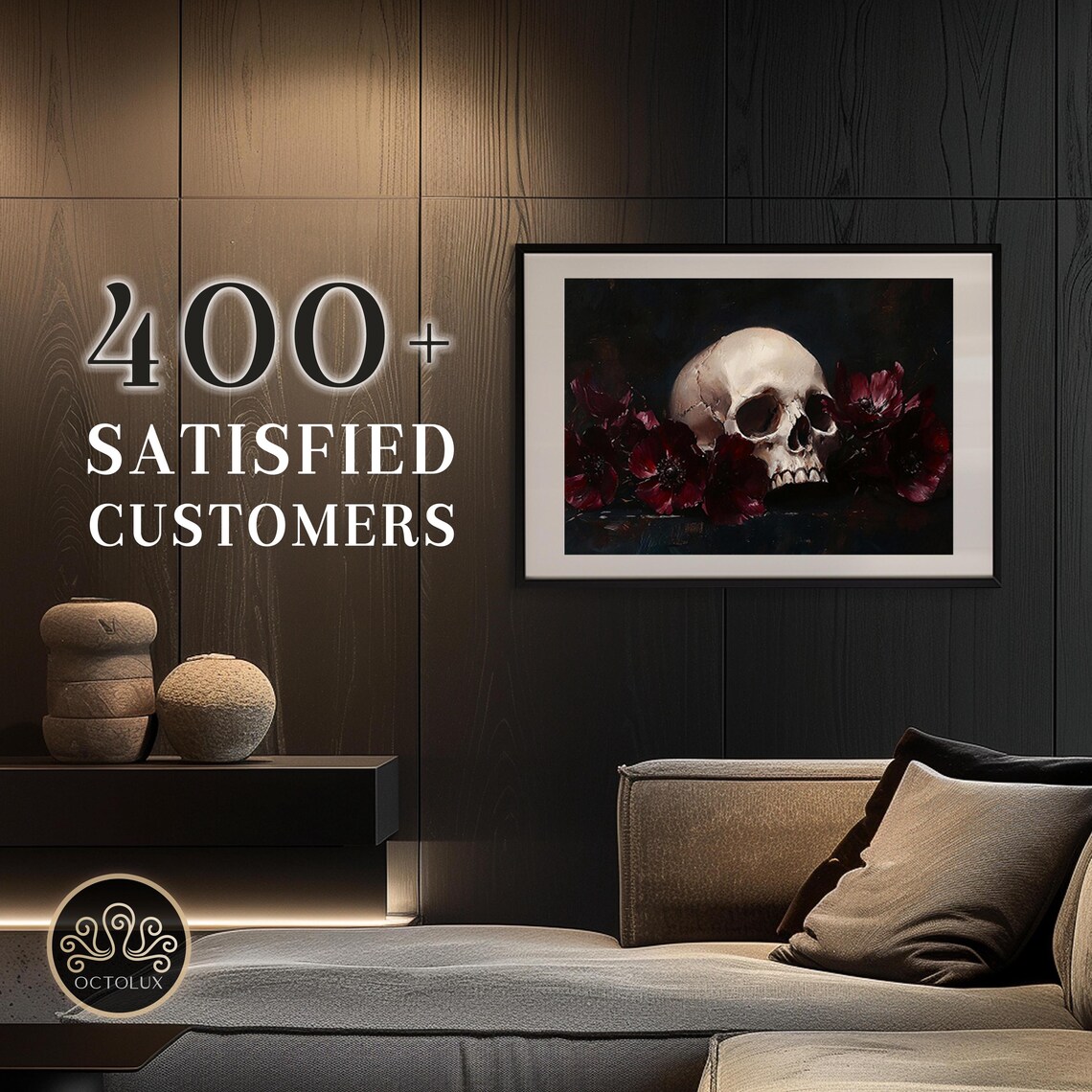 Gothic Skull With Dark Burgundy Flowers Moody Vintage Oil Painting Wall Art - Image 2