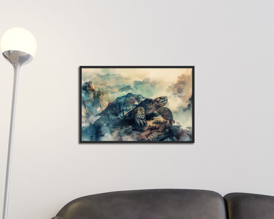 Ancient Tortoise Watercolor Blue Mountain Mist Zen Nature Art Poster - Image 2