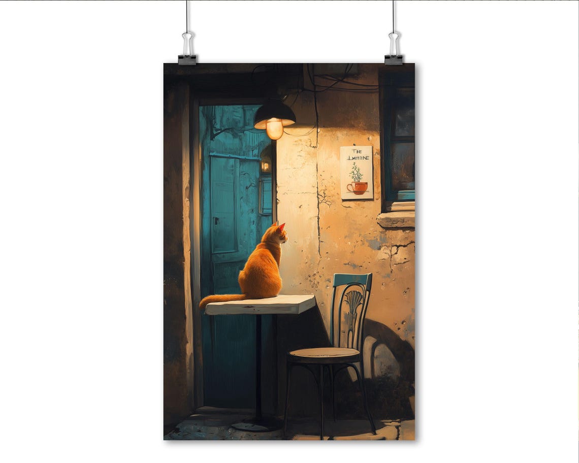 Orange Cat At Night Cafe Alley Rustic Warm Lamp Wall Art Poster - Image 4