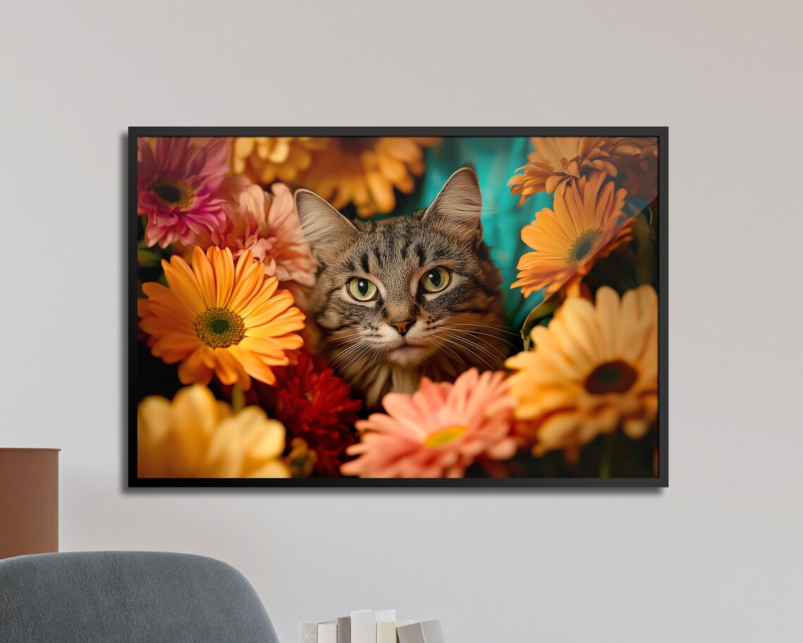 Tabby Cat Among Colorful Gerbera Daisies Floral Feline Art Poster - Image 3