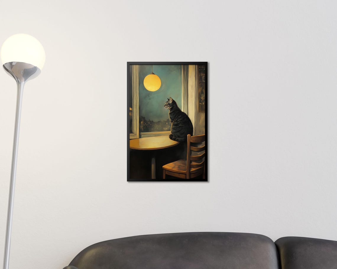 Black Cat Sitting At Window Table Night Lamp Warm Moody Art Poster - Image 2
