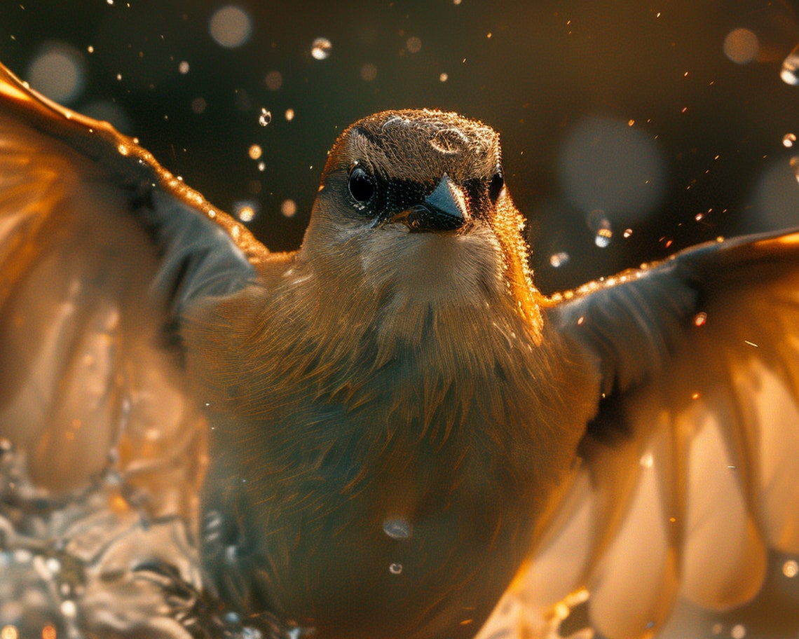 Songbird Bathing In Golden Water Splash Birdwatcher Nature Poster - Image 5