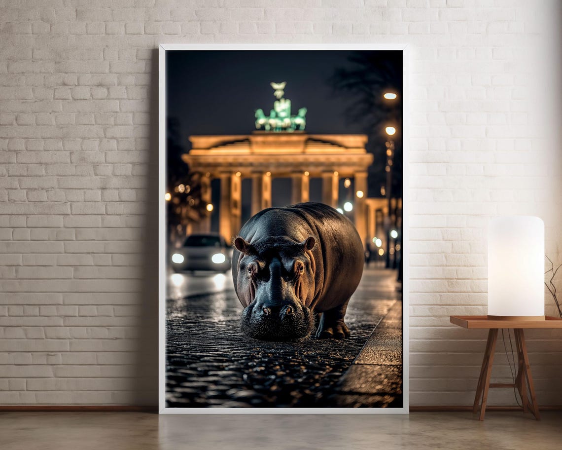 Hippo on Cobblestone Street Berlin Night Brandenburg Gate Wall Art