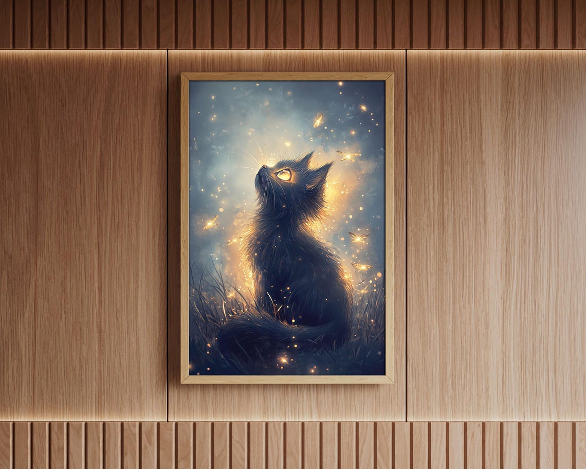 Black Cat Silhouette Fireflies Glowing Blue Night Sky Wall Art - Image 6