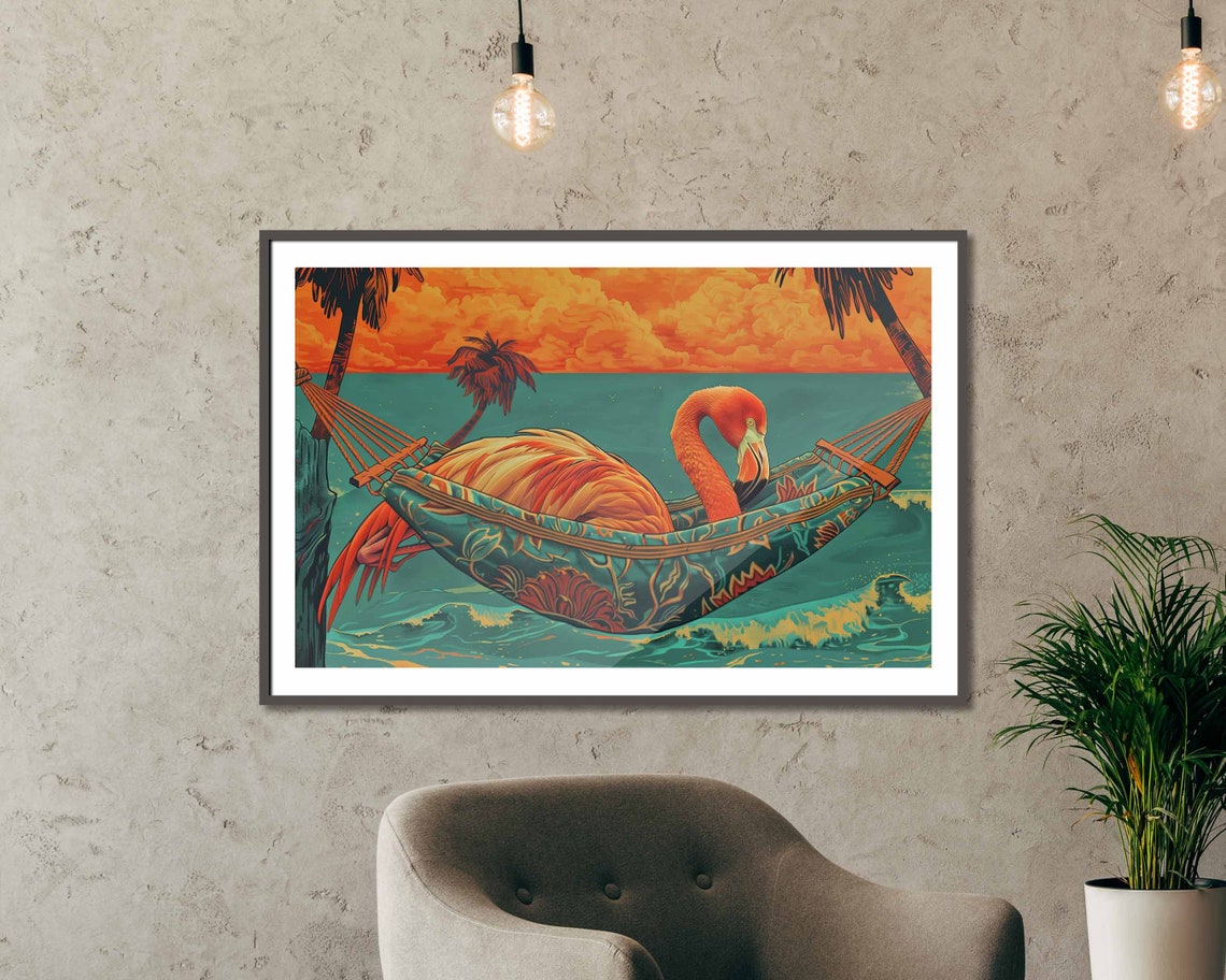 Flamingo Relaxing In Hammock Tropical Sunset Beach Fun Art Poster - Image 4