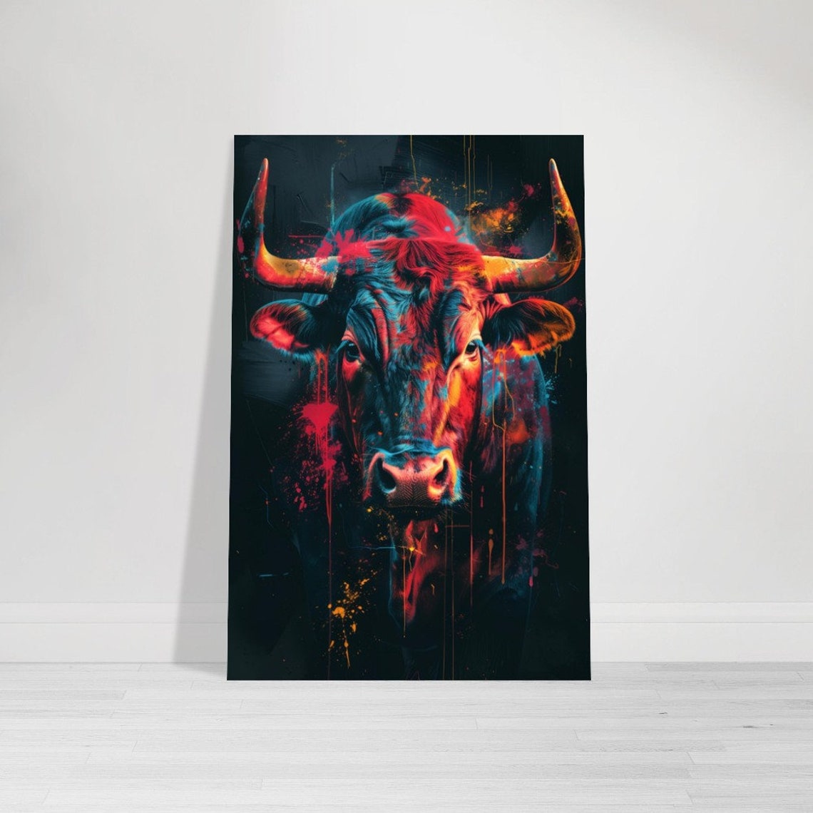 Neon Bull Head Red Blue Paint Splash Abstract Colorful Art Poster - Image 3