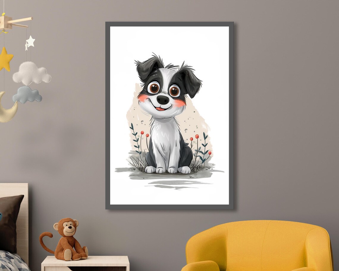 Cute Cartoon Puppy Watercolor Art Baby Nursery Room Wall Poster
