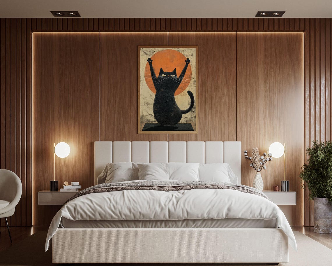 Zen Yoga Cat Stretch Pose Orange Sun Retro Meditation Wall Art - Image 7