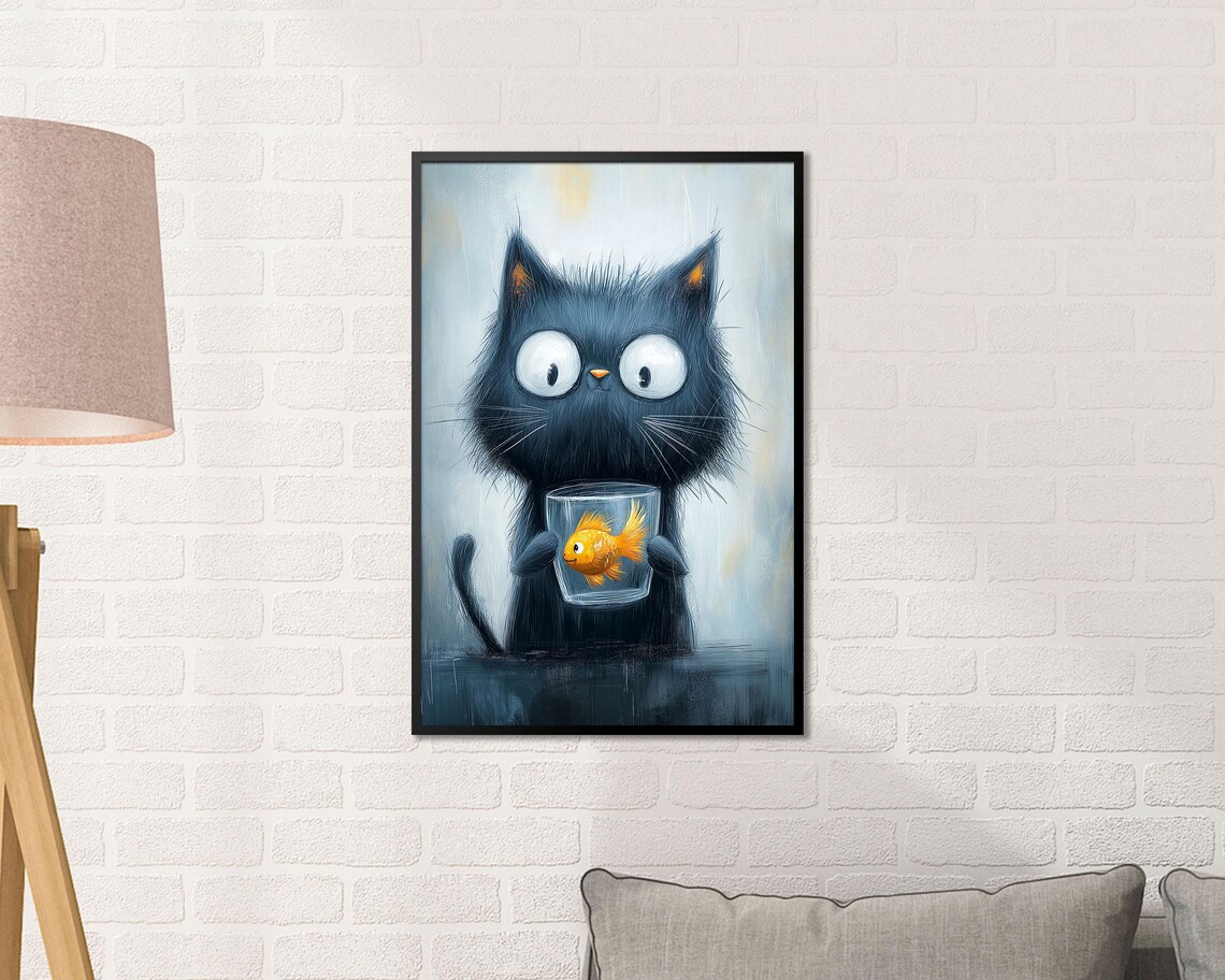 Big Eyed Black Cat Holding Goldfish Bowl Funny Kitchen Wall Art - Image 3