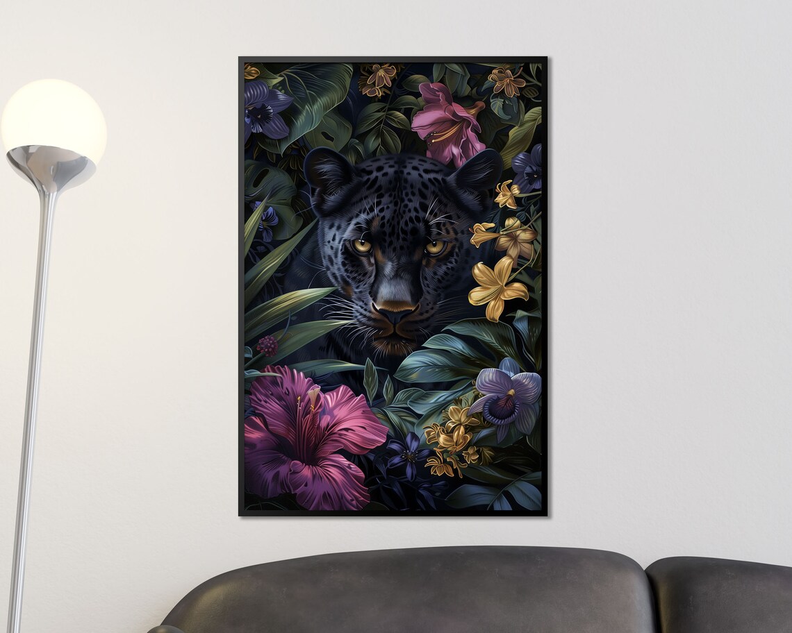 Mystical Black Leopard Among Tropical Flowers Jungle Cat Wall Art Print - Image 3