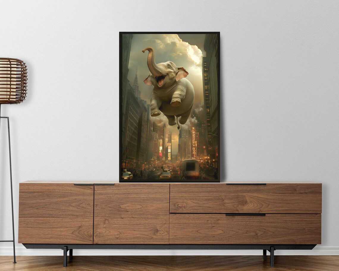 Flying Elephant Over City At Night Surreal Urban Fantasy Art Poster