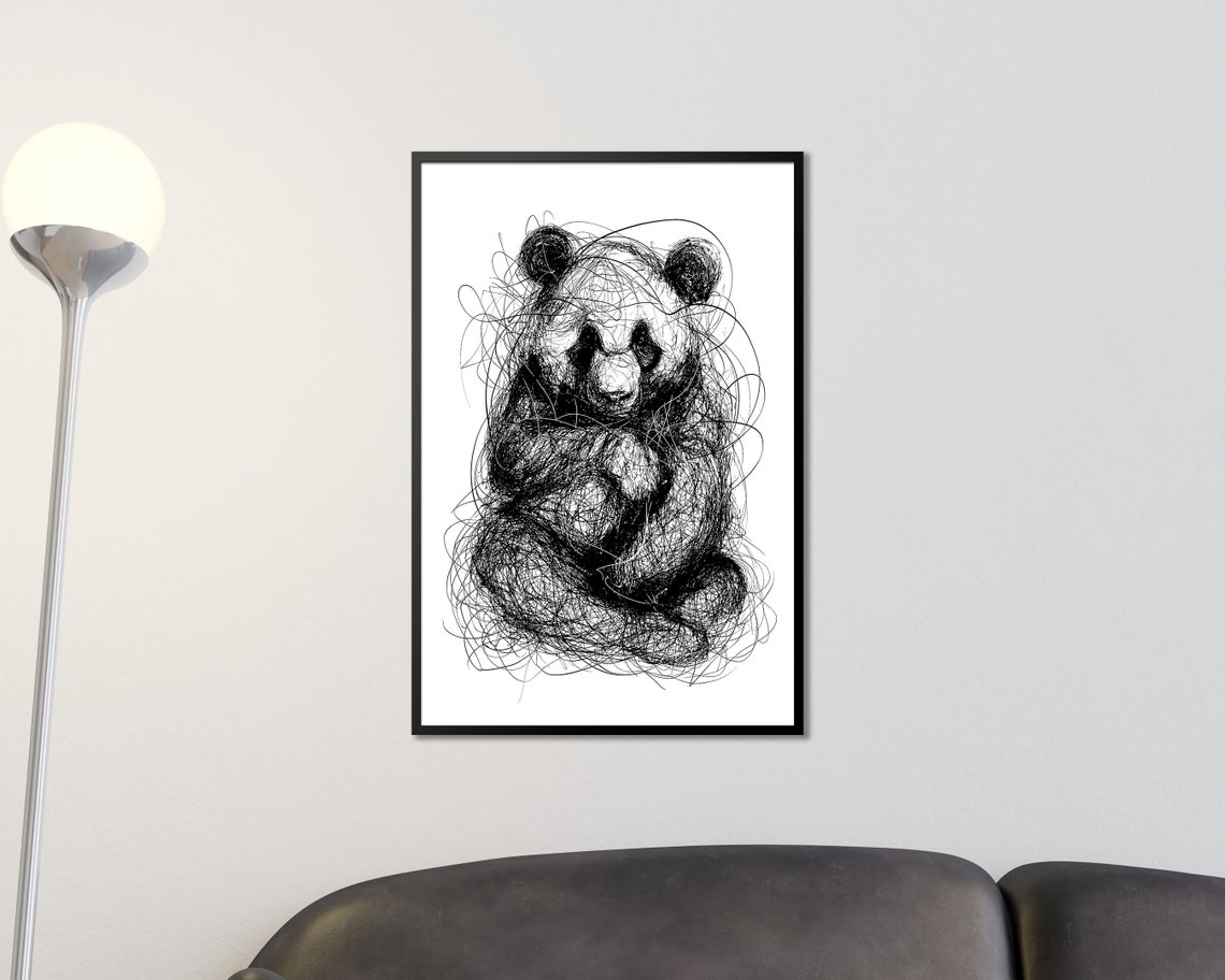 Sitting Giant Panda Scribble Art Black And White Line Drawing Print - Image 3