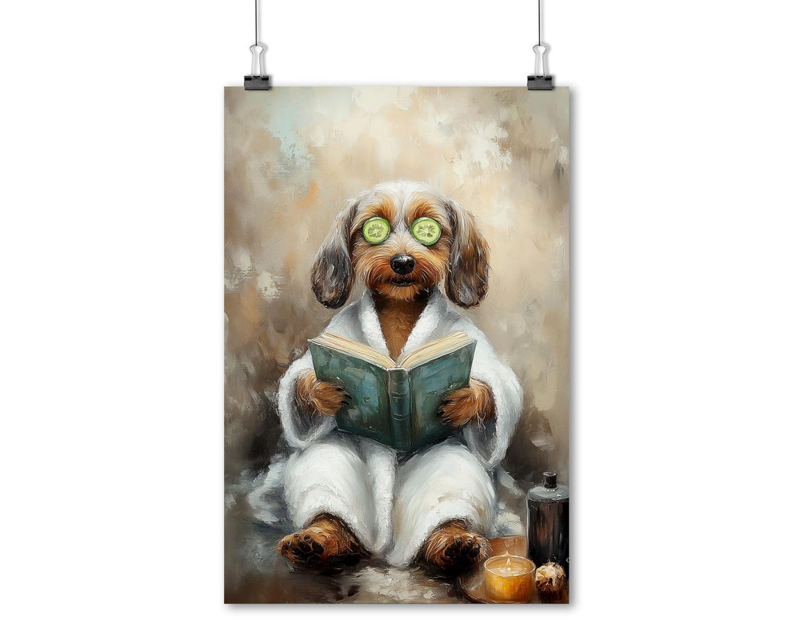 Dachshund Spa Day Bathrobe Book Cucumber Eyes Funny Bathroom Poster - Image 5