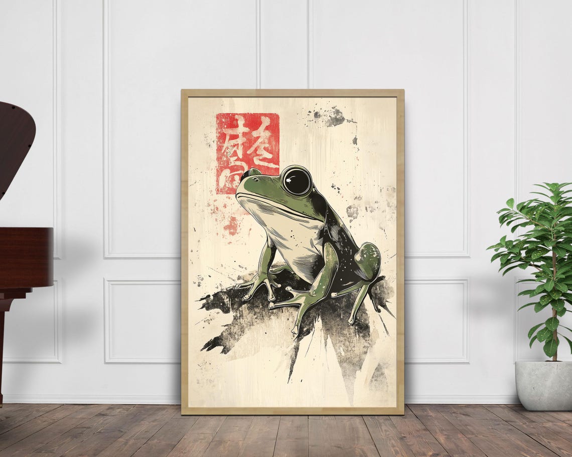 Japanese Woodblock Style Green Tree Frog Red Seal Stamp Wall Art