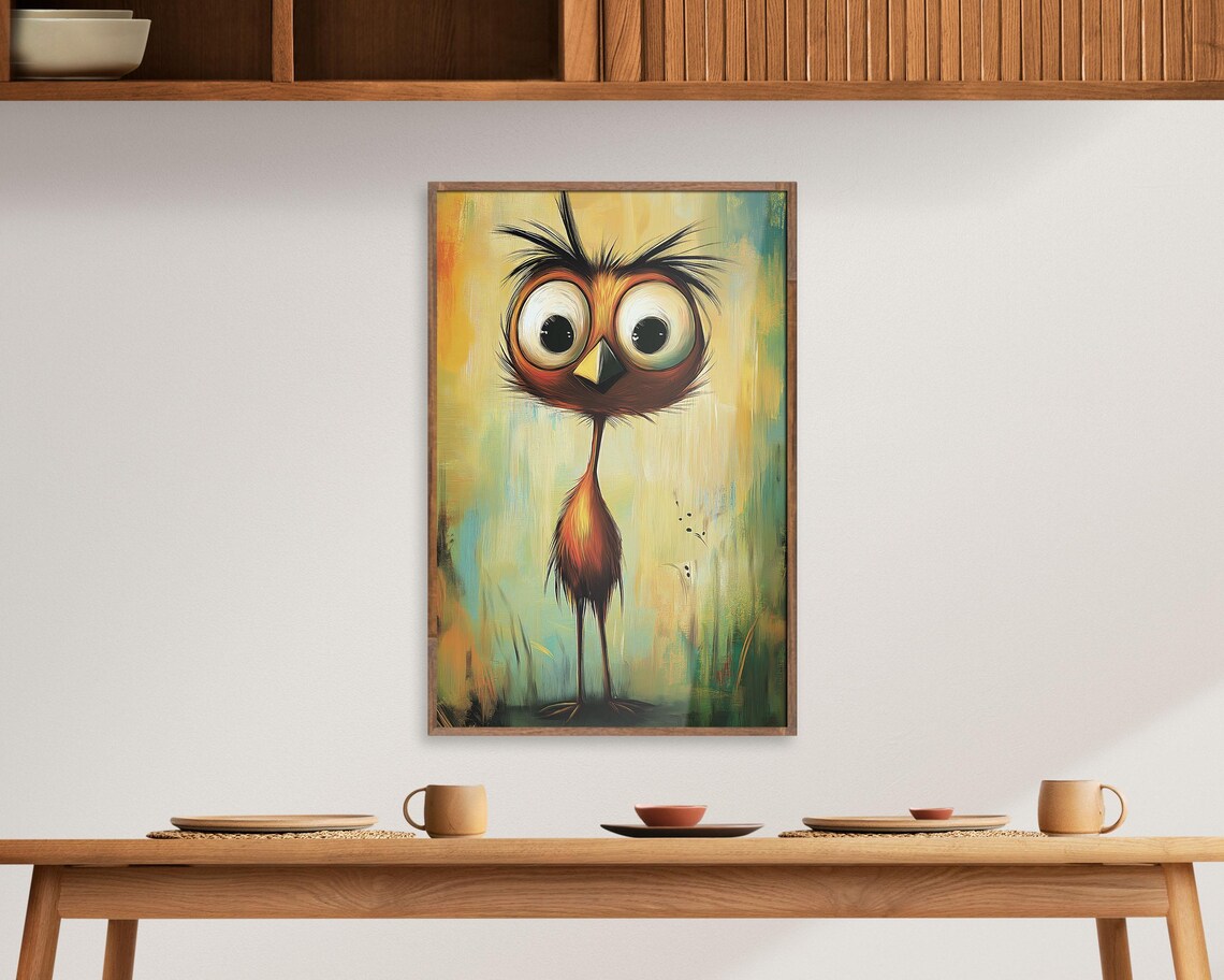 Crazy Big Eyed Bird Whimsical Colorful Abstract Painting Wall Art - Image 6