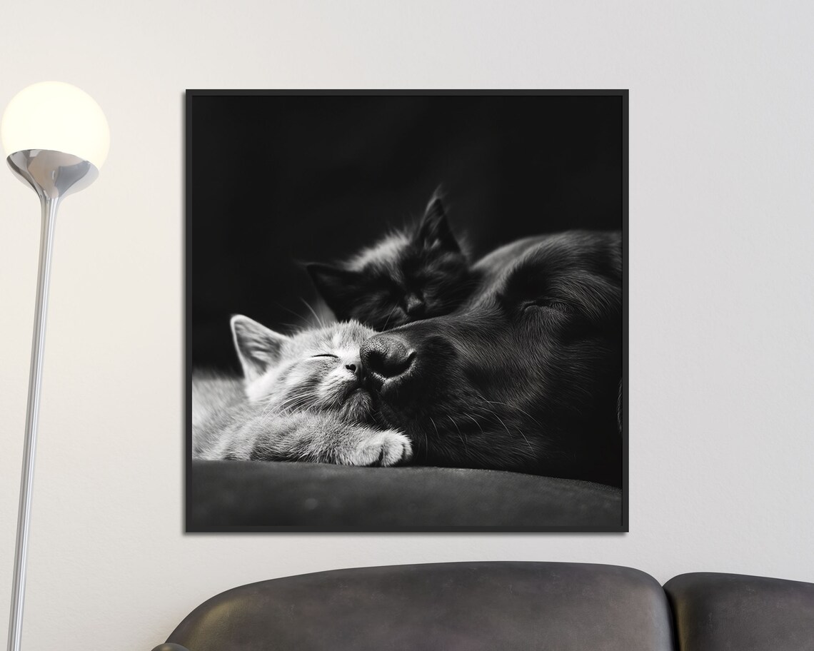 Cozy Black And White Dog Cuddling Sleeping Kittens Tender Pet Photo Poster - Image 2