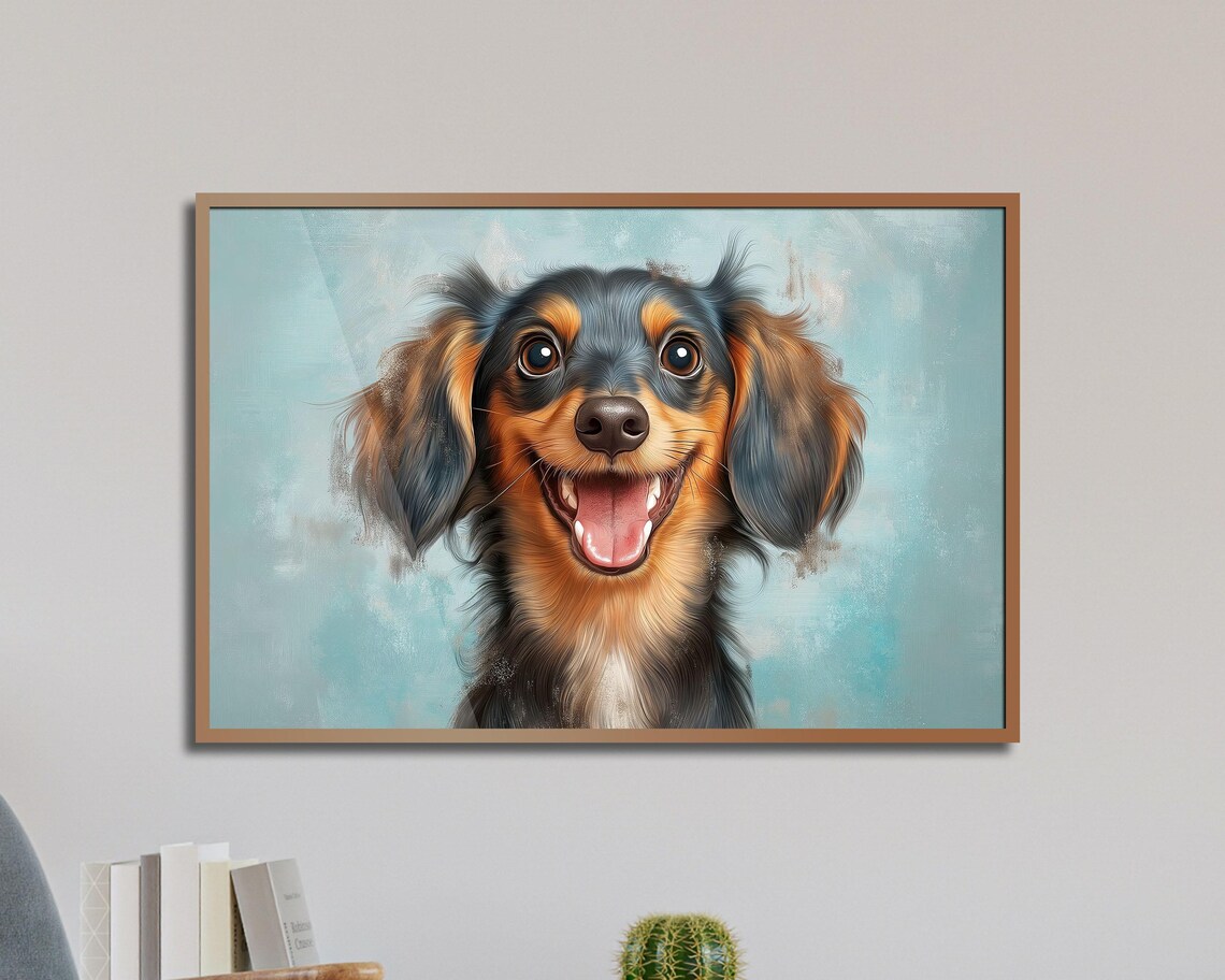 Funny Grinning Long Haired Dachshund Face Blue Pet Portrait Poster - Image 3