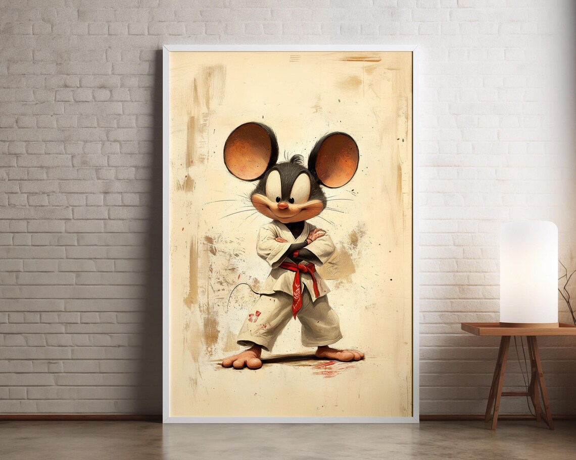 Karate Mouse Martial Arts White Gi Red Belt Cartoon Kids Room Poster
