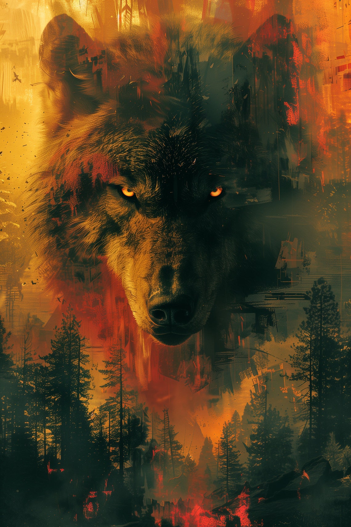 Fiery Wolf Head Emerging From Forest Wild Spirit Animal Art Poster - Image 5