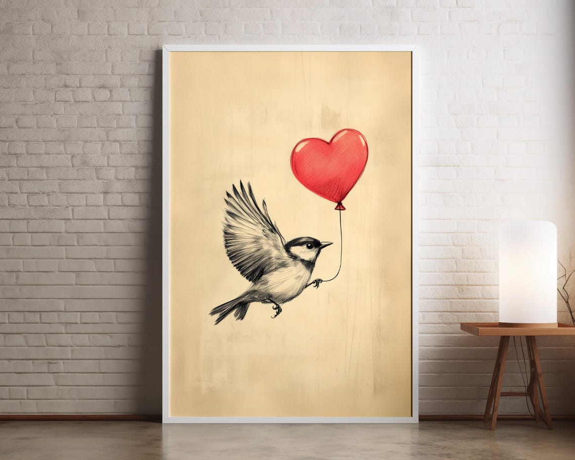 Flying Sketch Bird Carrying Red Heart Balloon Romantic Wall Art