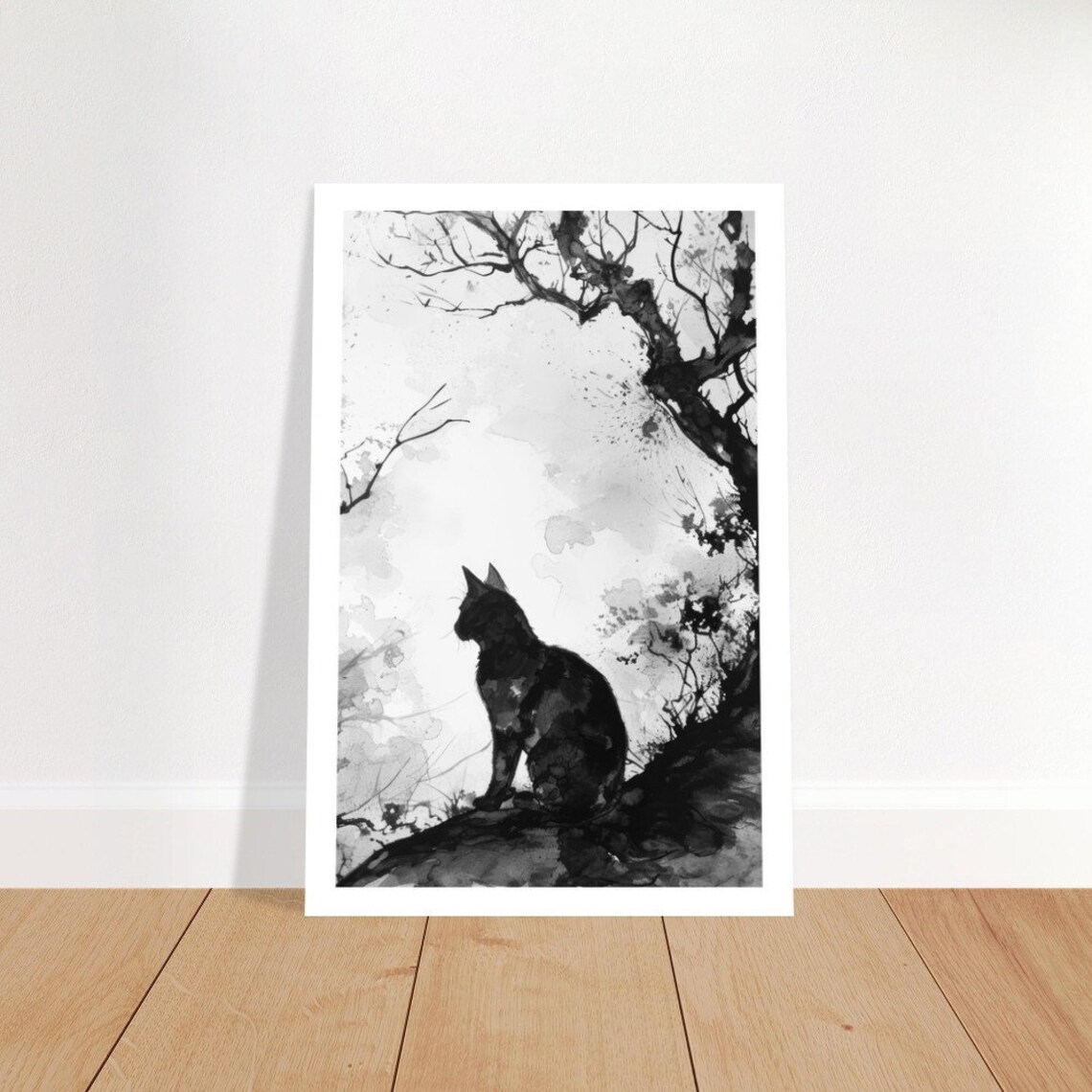 Chat Noir 7 Solitary Black Cat Twisted Tree Zen Ink Wash Minimalist Poster - Image 2