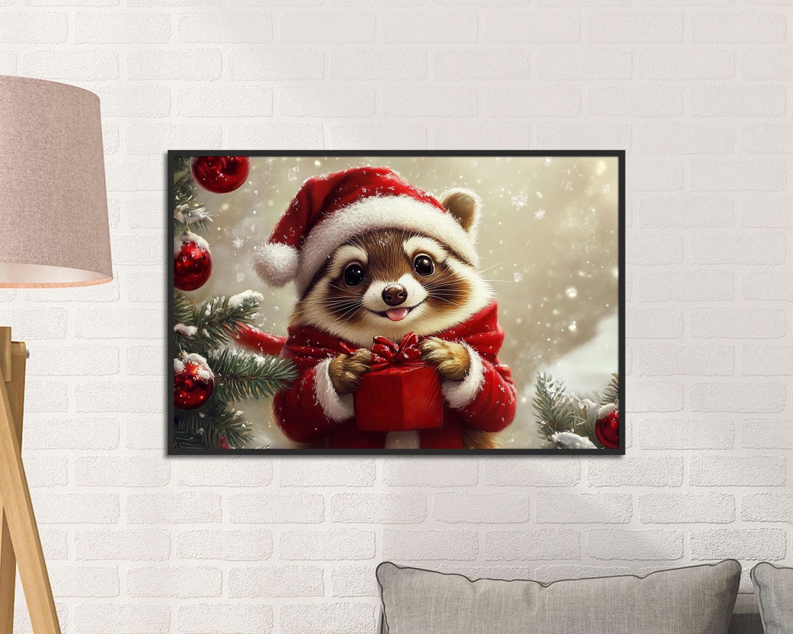 Happy Raccoon in Santa Suit Holding Red Gift Snowy Christmas Poster - Image 2