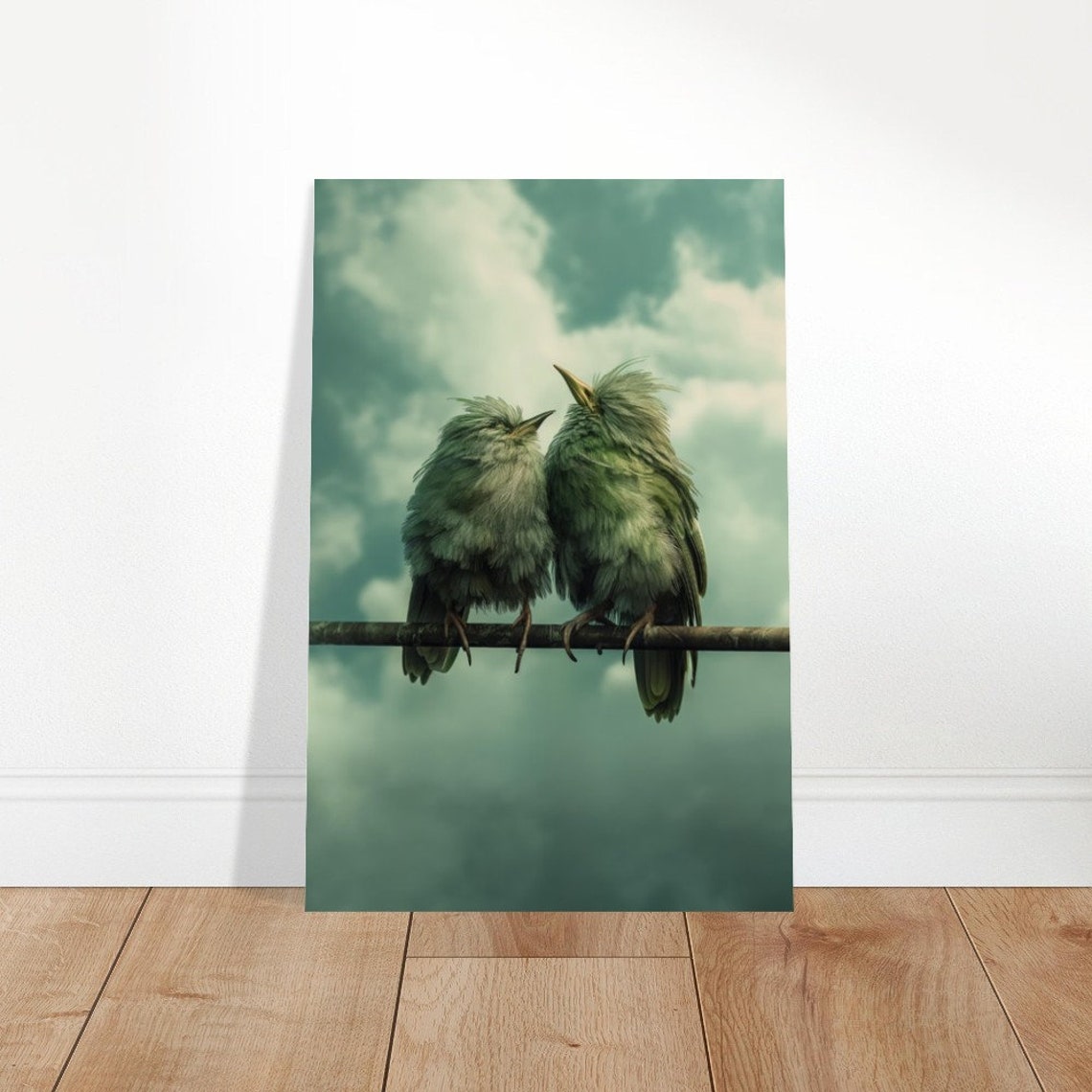Fluffy Bird Pair Teal Clouds Dreamy Serene Nature Bird Wall Art - Image 4