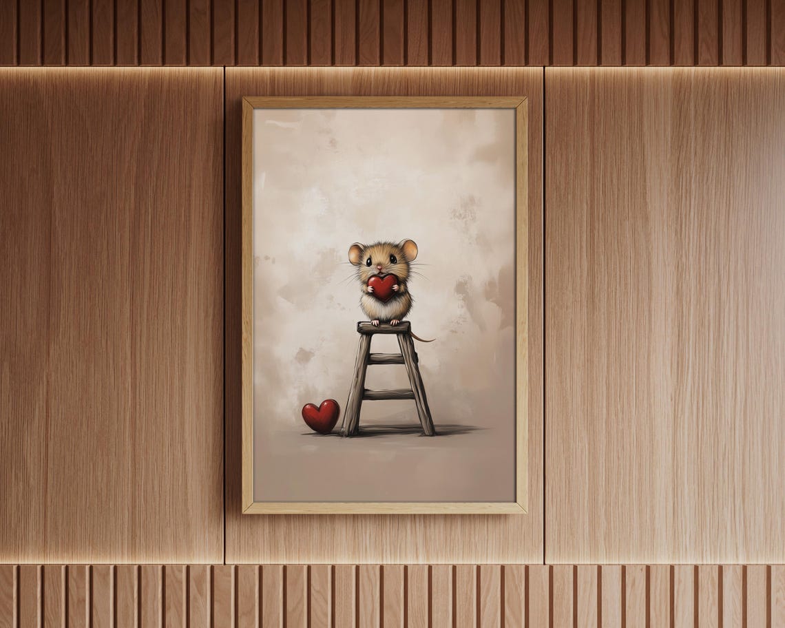Sweet Tiny Mouse Holding Red Heart Stepladder Valentine Wall Art - Image 5
