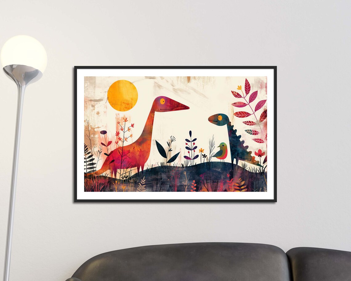Whimsical Dinosaurs Under The Sun Colorful Nursery Kids Wall Art Print