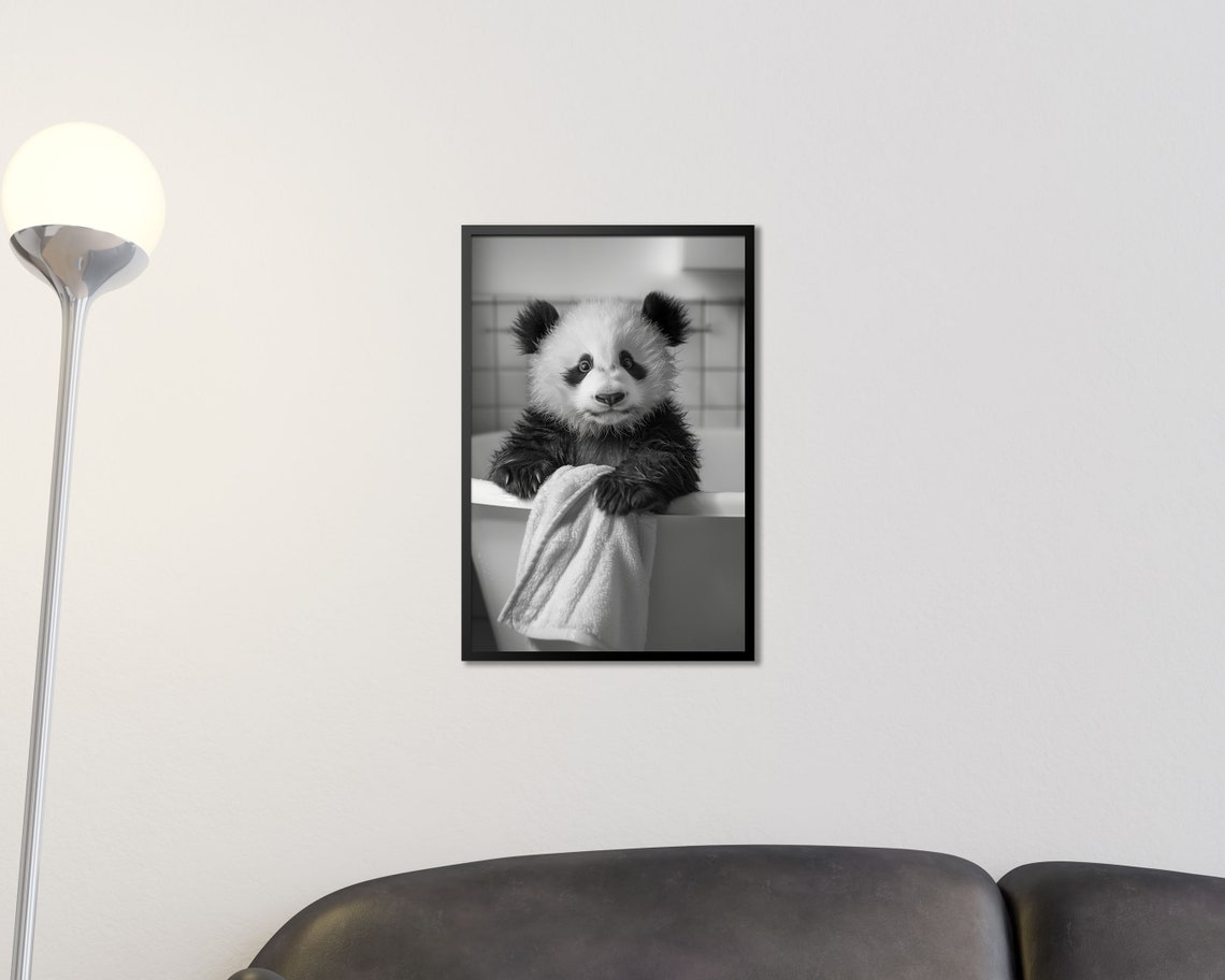 Panda Cub Bath Time Black and White Photo Nursery Bathroom Poster - Image 2