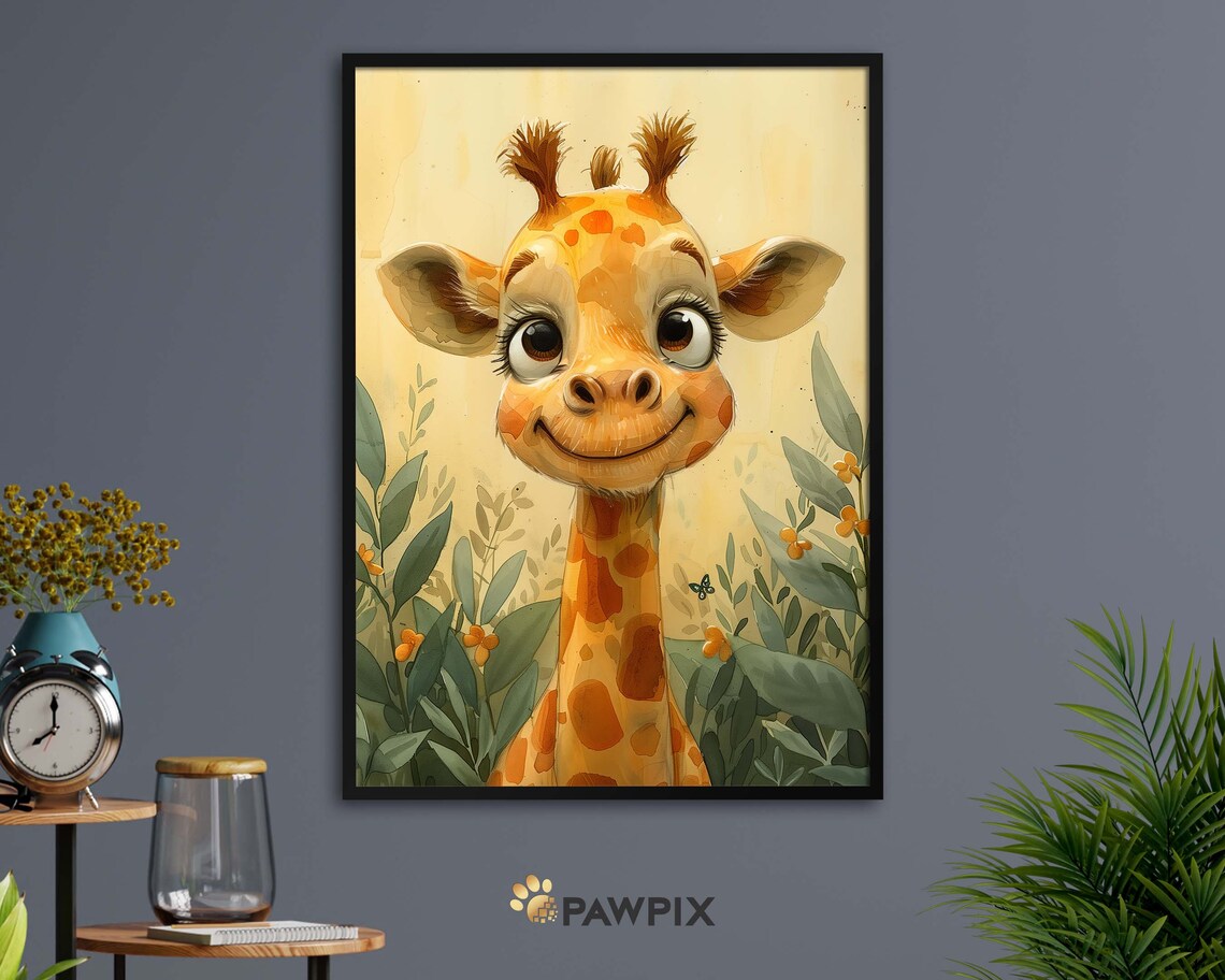 Smiling Baby Giraffe Watercolor Jungle Leaves Kids Nursery Wall Art - Image 3